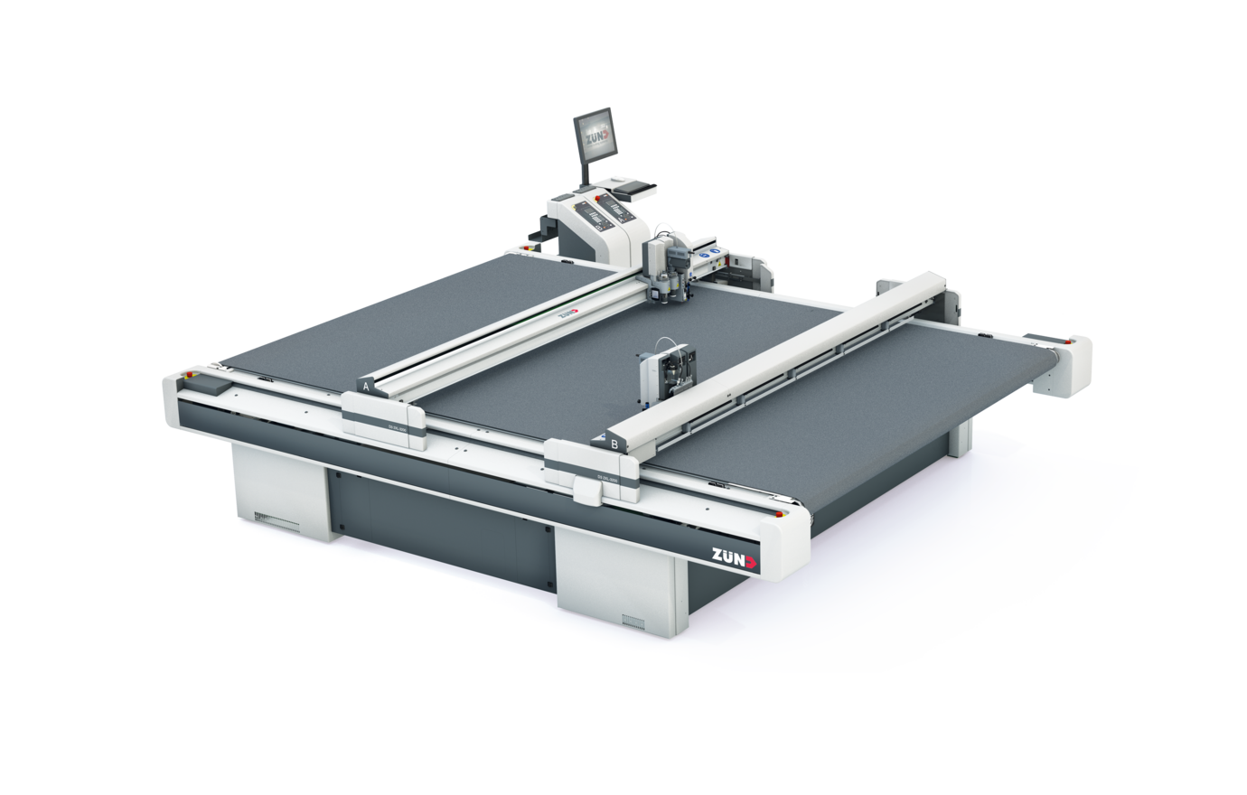 Zünd D3 2XL-3200 digital cutting system with a touchscreen interface and cutting head, on a white background. Zünd D3 2XL-3200 digital cutting system with a touchscreen interface and cutting head, on a white background.