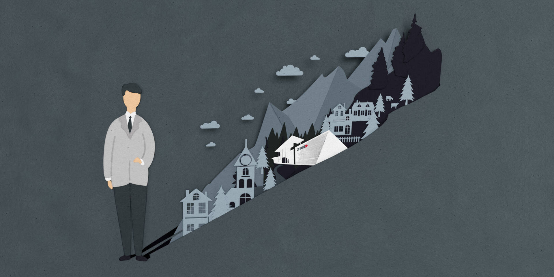 A man in a suit stands beside a paper-cutout landscape of mountains, houses, and a Zünd building, symbolizing growth and development.