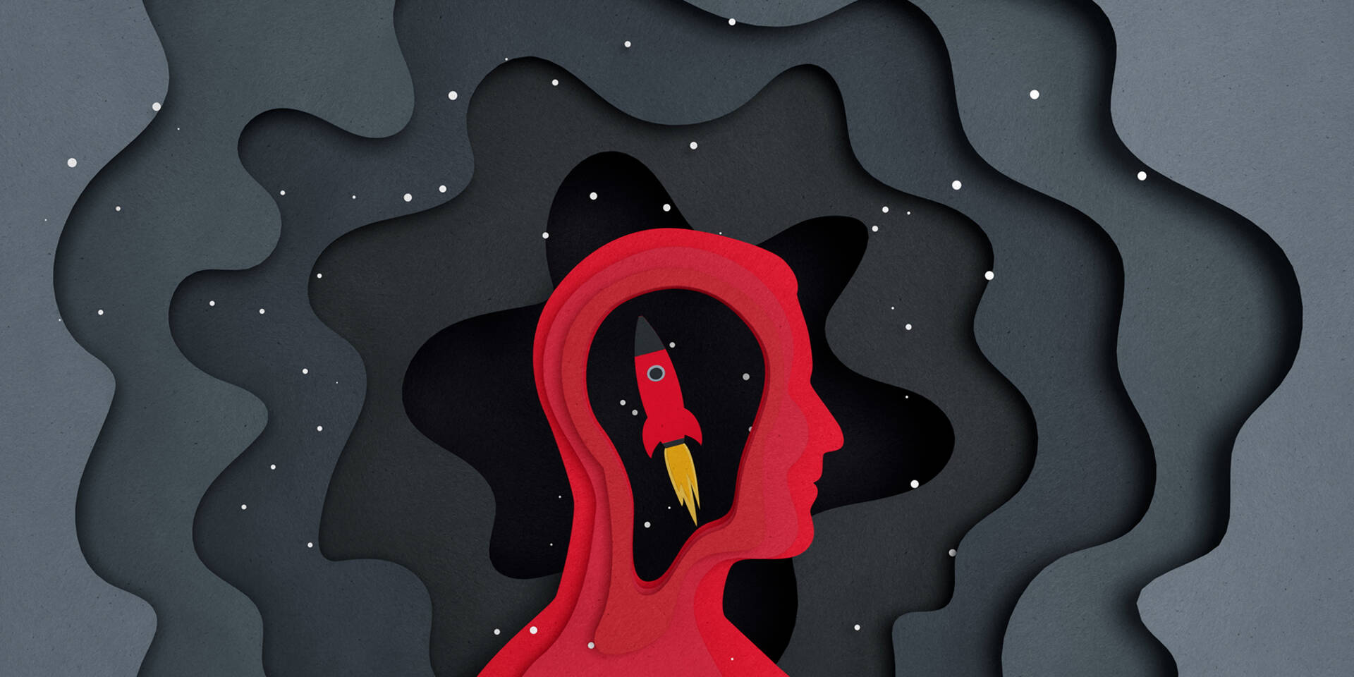 Stylized illustration of a red human head with a rocket launching into space inside it, symbolizing innovation and new ideas.