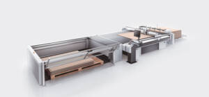 Zünd Board Handling System with automated loading of stacked cardboard onto a cutting machine. Zünd Board Handling System with automated loading of stacked cardboard onto a cutting machine.