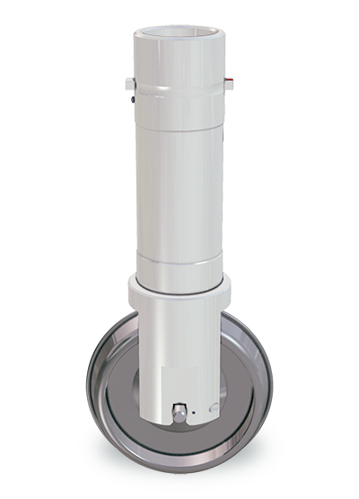 Zünd CTT3 tool with a circular blade, mounted on a white cylindrical housing with metallic accents. Zünd CTT3 tool with a circular blade, mounted on a white cylindrical housing with metallic accents.