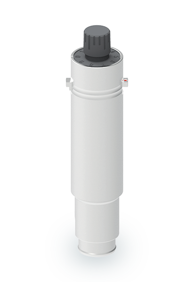 Zünd CTT2 module with a grey rotary knob and numerical dial for precise adjustments, displaying a white cylindrical body. Zünd CTT2 module with a grey rotary knob and numerical dial for precise adjustments, displaying a white cylindrical body.