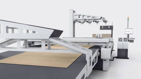 Zünd D3-3XL-3200 cutting system with conveyor belt and automated material feed, processing cardboard sheets. Zünd D3-3XL-3200 cutting system with conveyor belt and automated material feed, processing cardboard sheets.