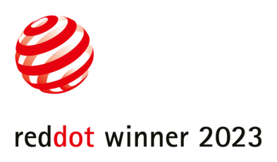 Red Dot winner 2023 award logo featuring a red and white abstract sphere and text.