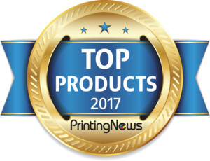 Gold seal award for PrintingNews Top Products 2017 with blue ribbon and stars.