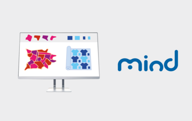 Computer screen displaying abstract colorful shapes and patterns next to the blue 'mind' logo. Computer screen displaying abstract colorful shapes and patterns next to the blue 'mind' logo.