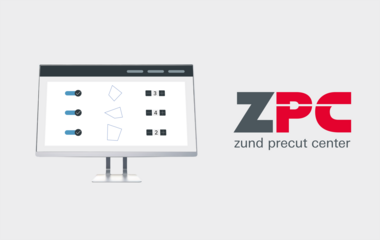 Zünd Precut Center software interface showing three cut shapes with quantity selectors and checkmarks, alongside the ZPC logo. Zünd Precut Center software interface showing three cut shapes with quantity selectors and checkmarks, alongside the ZPC logo.