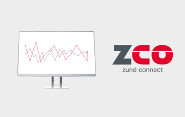 Zund Connect logo next to a monitor displaying two line graphs with data points and a dashed horizontal line. Zund Connect logo next to a monitor displaying two line graphs with data points and a dashed horizontal line.