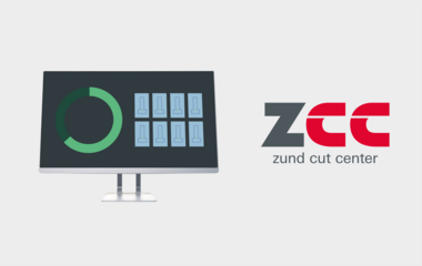 Zünd Cut Center software interface showing a progress circle and multiple cutting job layouts on a monitor, next to the ZCC logo. Zünd Cut Center software interface showing a progress circle and multiple cutting job layouts on a monitor, next to the ZCC logo.