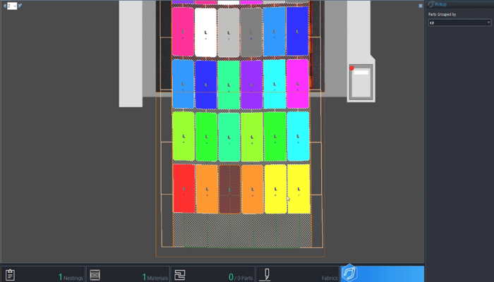 Zünd cutting system software displaying nested parts in various colors on a digital layout, grouped by kit for efficient production. Zünd cutting system software displaying nested parts in various colors on a digital layout, grouped by kit for efficient production.