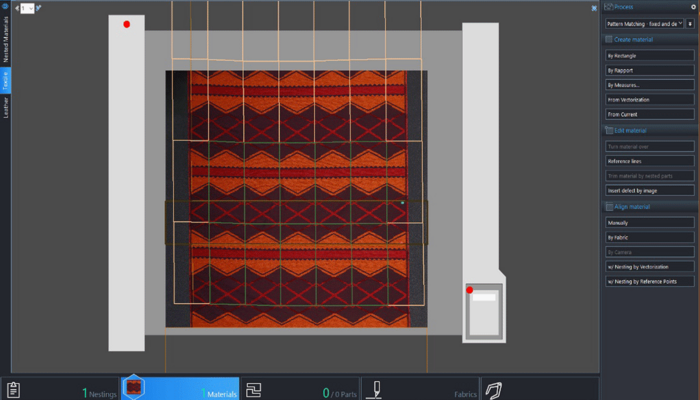 Zünd Systemtechnik software interface showing pattern matching and material alignment for a textile with a geometric pattern. Zünd Systemtechnik software interface showing pattern matching and material alignment for a textile with a geometric pattern.