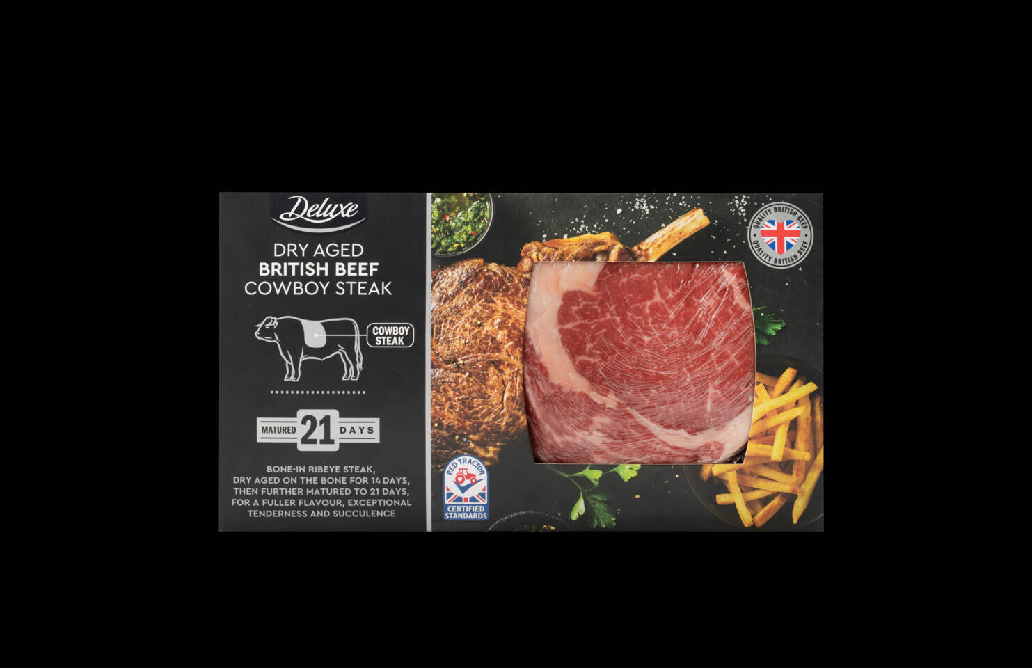 Deluxe Dry Aged British Beef Cowboy Steak, bone-in ribeye matured for 21 days, with a raw steak, cooked steak, and fries. Deluxe Dry Aged British Beef Cowboy Steak, bone-in ribeye matured for 21 days, with a raw steak, cooked steak, and fries.
