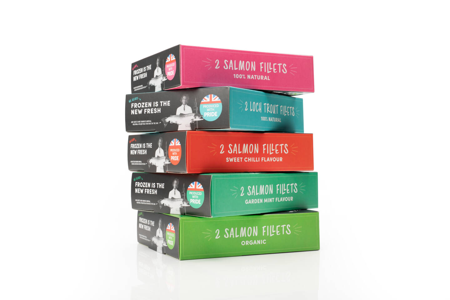 Stack of six boxes of fish fillets: salmon, loch trout, sweet chili salmon, garden mint salmon, and organic salmon. Stack of six boxes of fish fillets: salmon, loch trout, sweet chili salmon, garden mint salmon, and organic salmon.